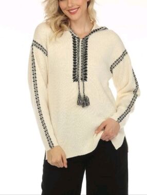 Johnny Was Cream Hooded Crewneck Sweater with Black Whipstitch